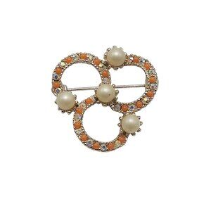 Vintage Faux Pearl Clear AB Rhinestone Faux Carnelian Infinity Circle Brooch